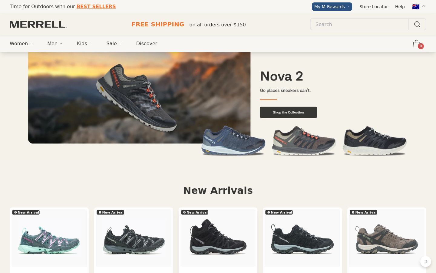 Merrell website shown on desktop