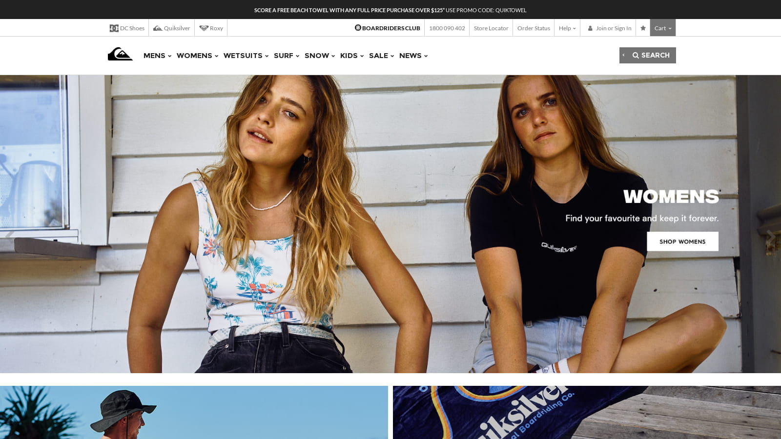 Quiksilver website shown on desktop