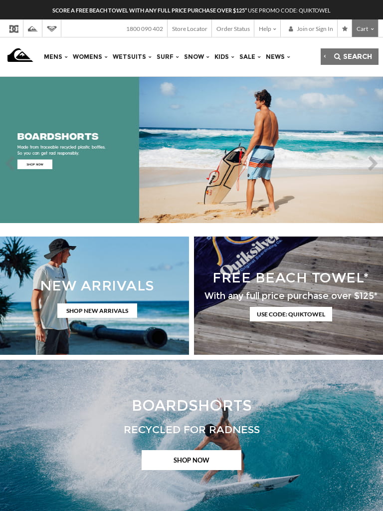 Quiksilver website shown on tablet