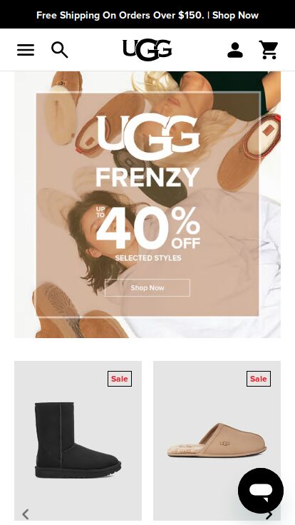 Ugg website shown on mobile