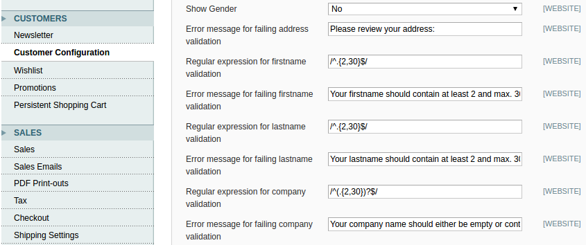 Customer address validation settings