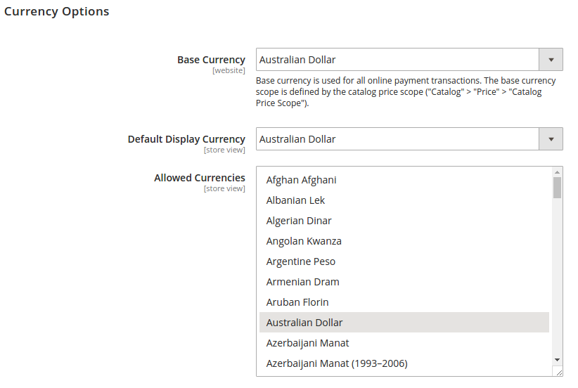 Magento 2 Currency Options